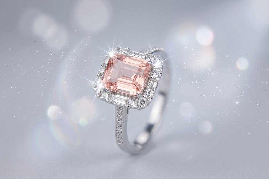 Bague ornée d'une pierre précieuse taille émeraude avec double halo et anneau pavé