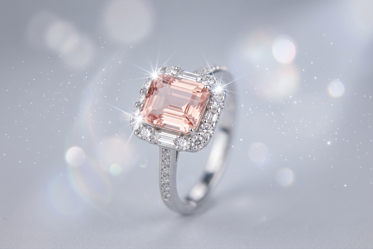 Bague ornée d'une pierre précieuse taille émeraude avec double halo et anneau pavé