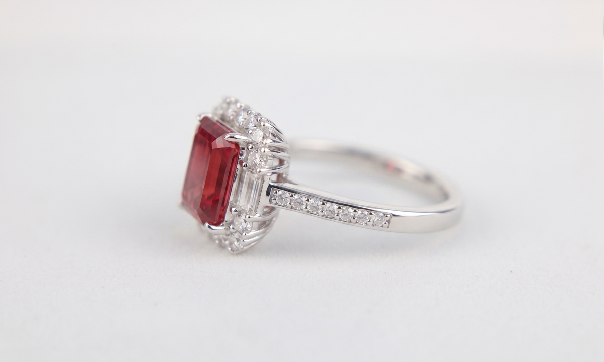 Emerald‑Cut Double‑Halo Gemstone Ring, Paved Shank