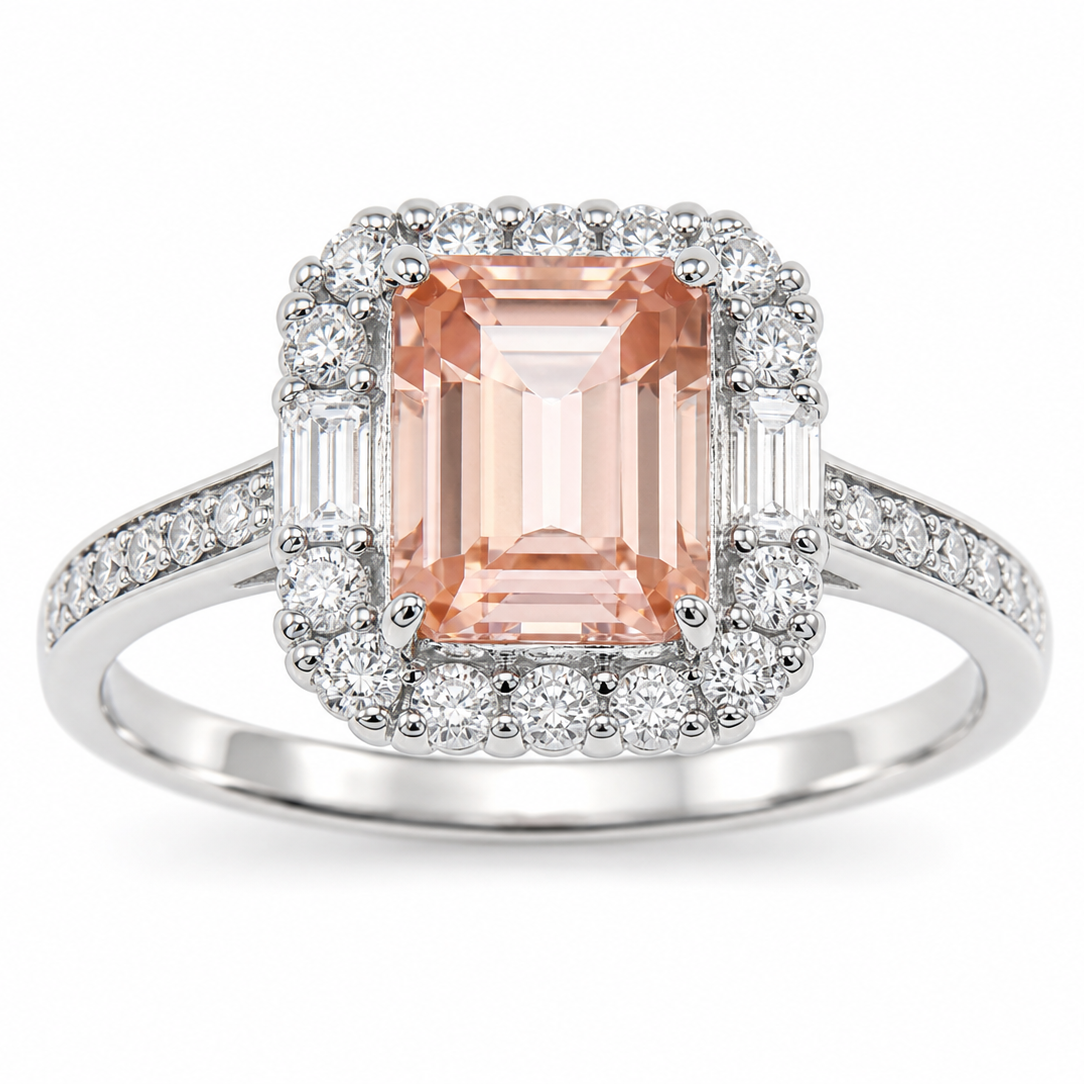 Emerald‑Cut Double‑Halo Gemstone Ring, Paved Shank