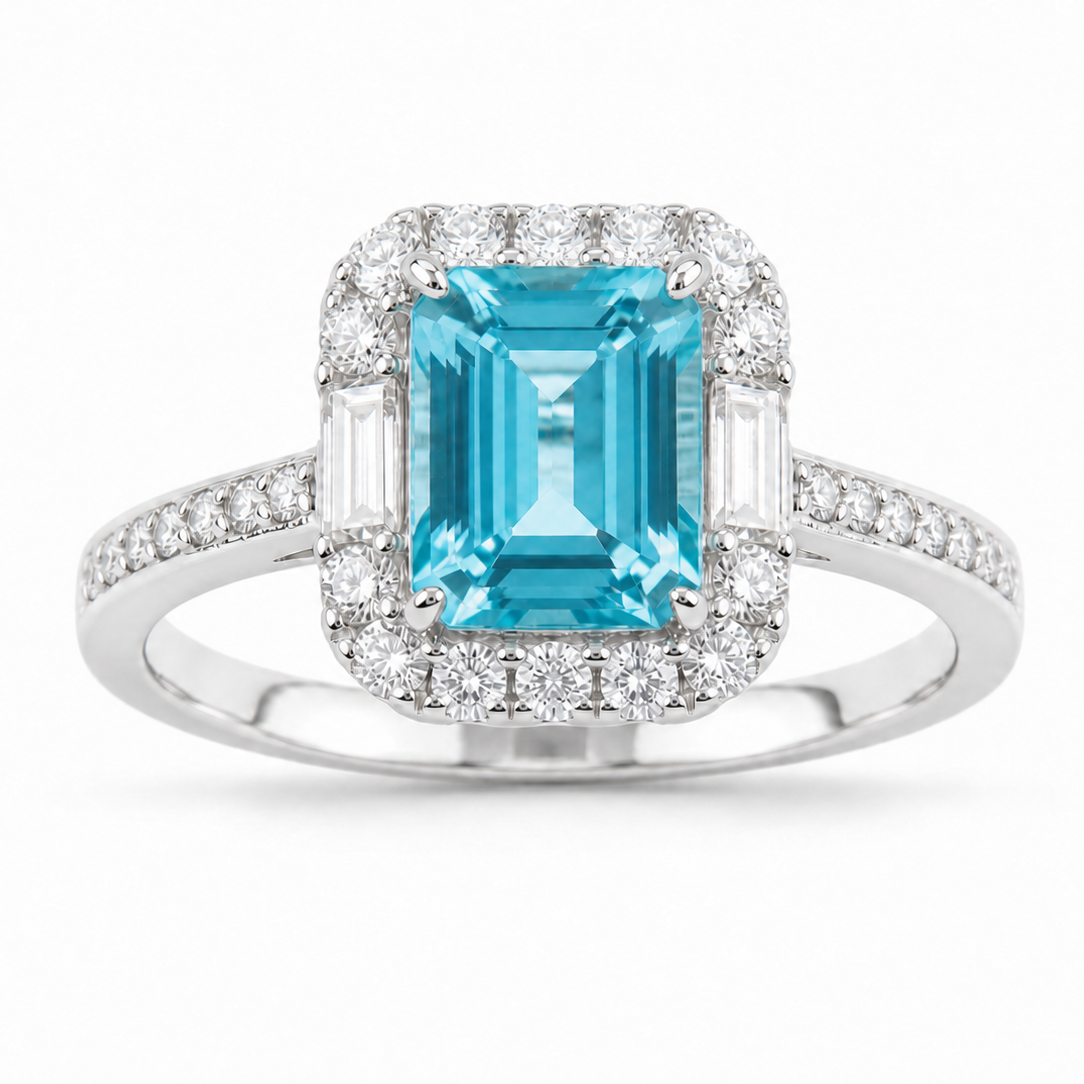 Emerald‑Cut Double‑Halo Gemstone Ring, Paved Shank