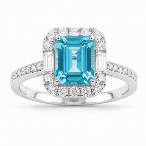 Emerald‑Cut Double‑Halo Gemstone Ring, Paved Shank