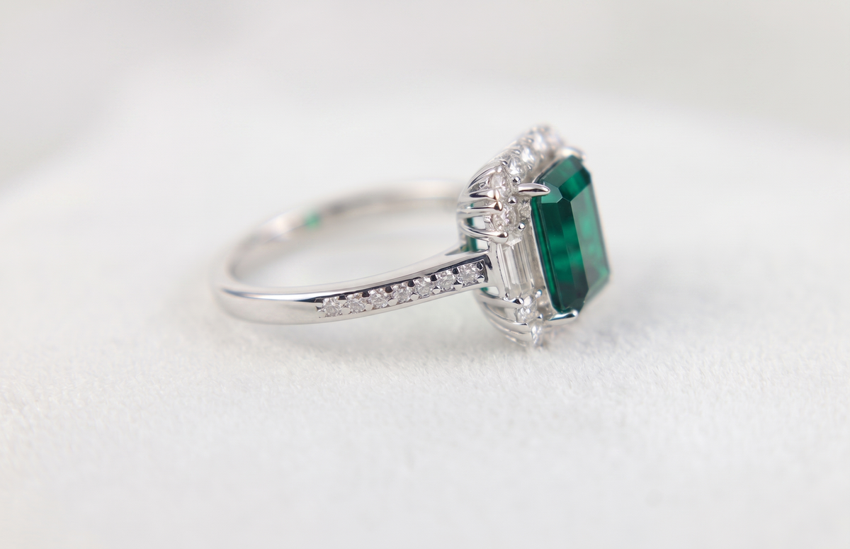 Emerald‑Cut Double‑Halo Gemstone Ring, Paved Shank