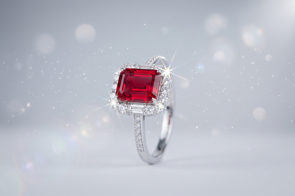 Bague ornée d'une pierre précieuse taille émeraude avec double halo et anneau pavé