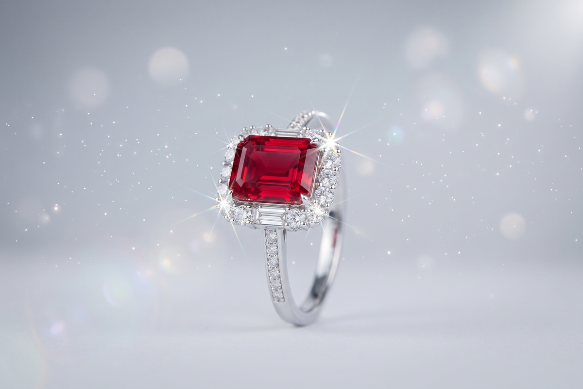 Bague ornée d'une pierre précieuse taille émeraude avec double halo et anneau pavé
