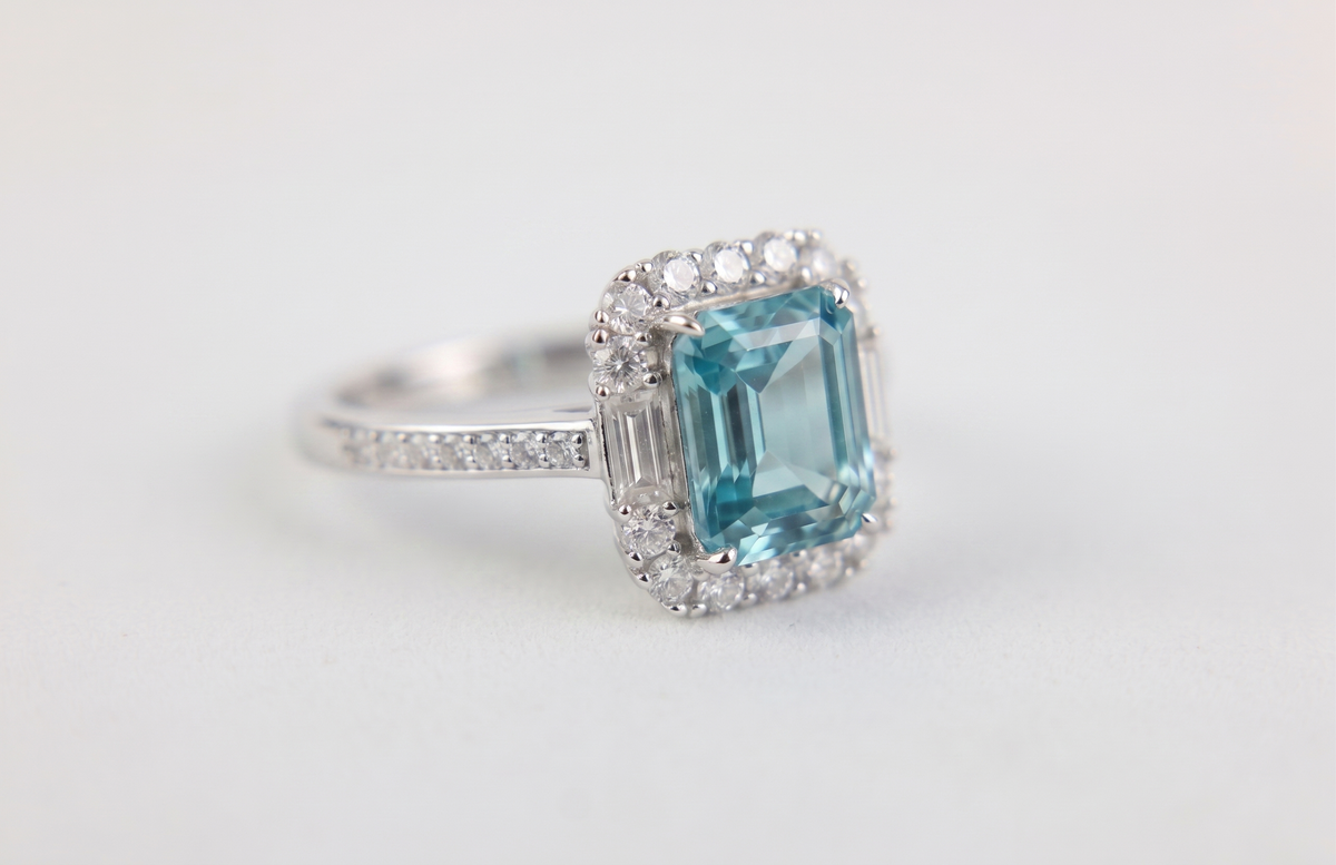 Emerald‑Cut Double‑Halo Gemstone Ring, Paved Shank