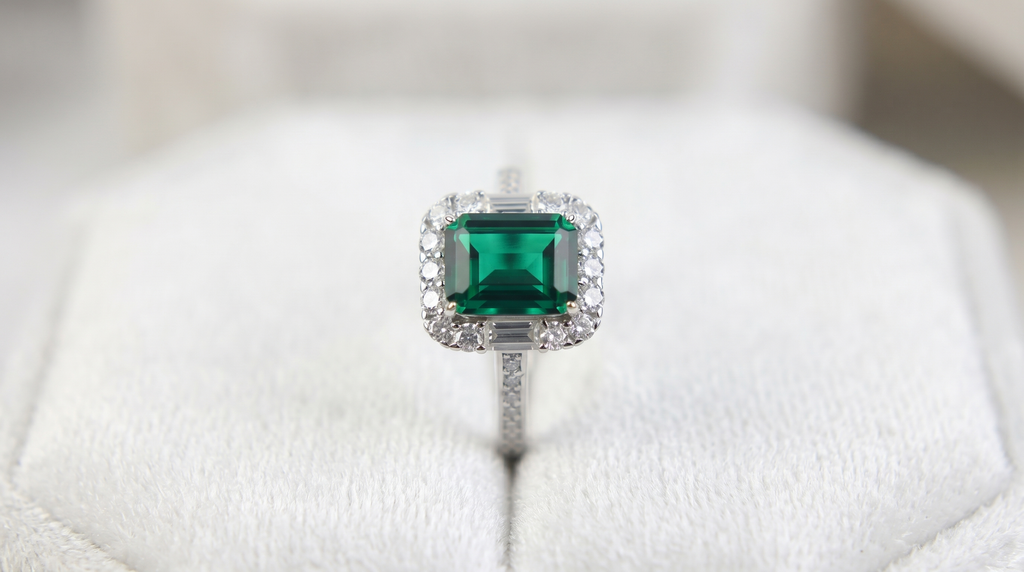 Bague ornée d'une pierre précieuse taille émeraude avec double halo et anneau pavé