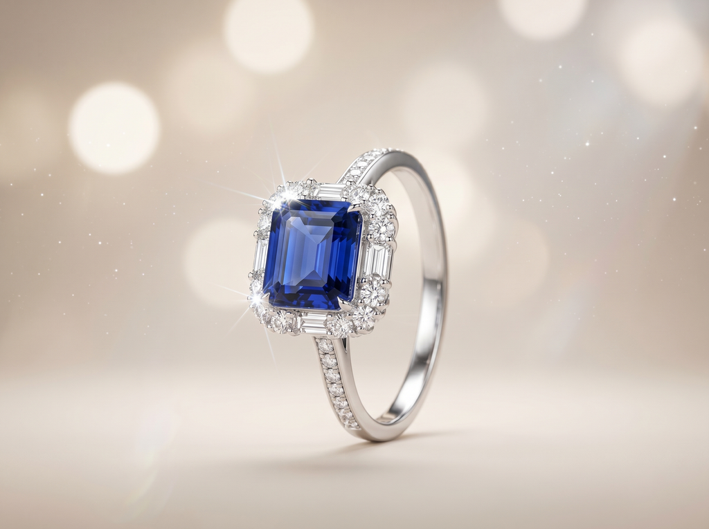 Bague ornée d'une pierre précieuse taille émeraude avec double halo et anneau pavé