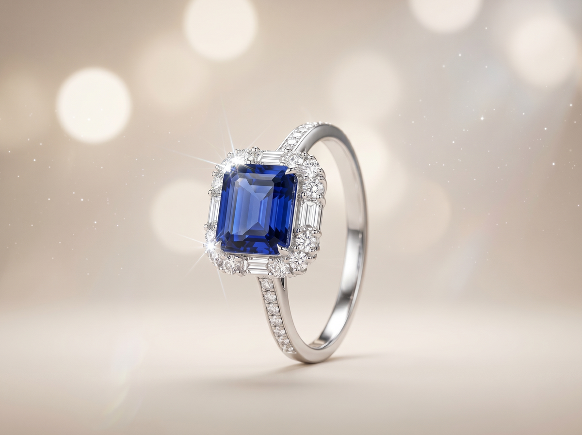 Bague ornée d'une pierre précieuse taille émeraude avec double halo et anneau pavé