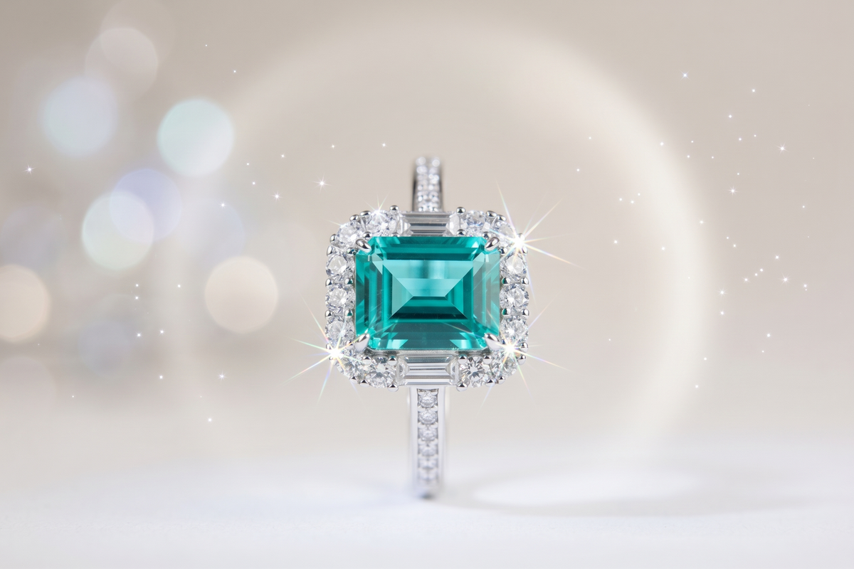 Bague ornée d'une pierre précieuse taille émeraude avec double halo et anneau pavé