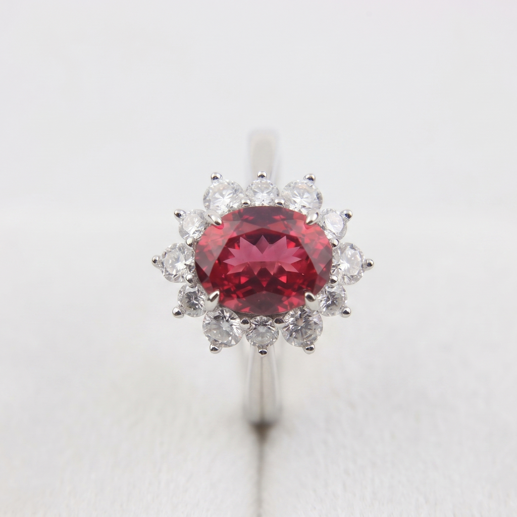 Bague avec pierre précieuse ovale et halo solaire