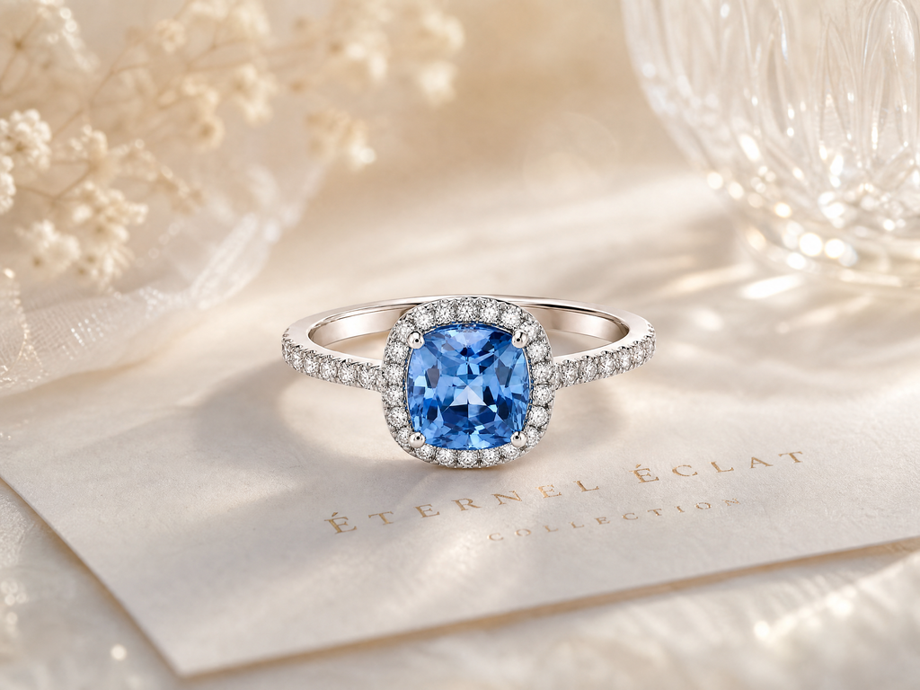 Bague de luxe ornée d'une pierre précieuse taille coussin