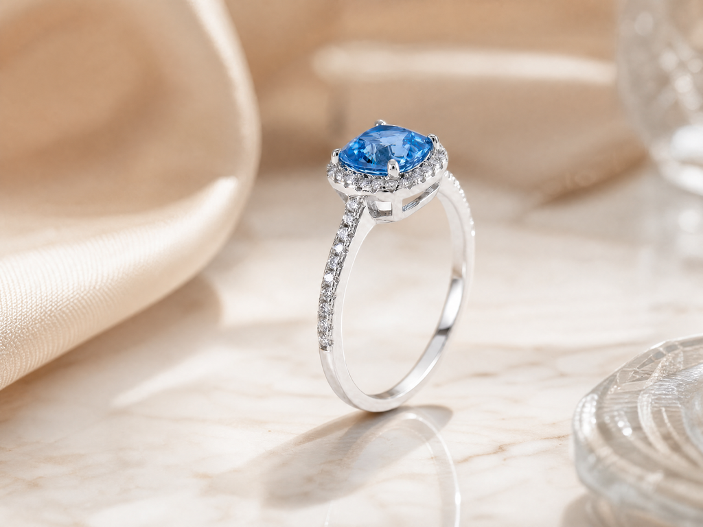 Bague de luxe ornée d'une pierre précieuse taille coussin