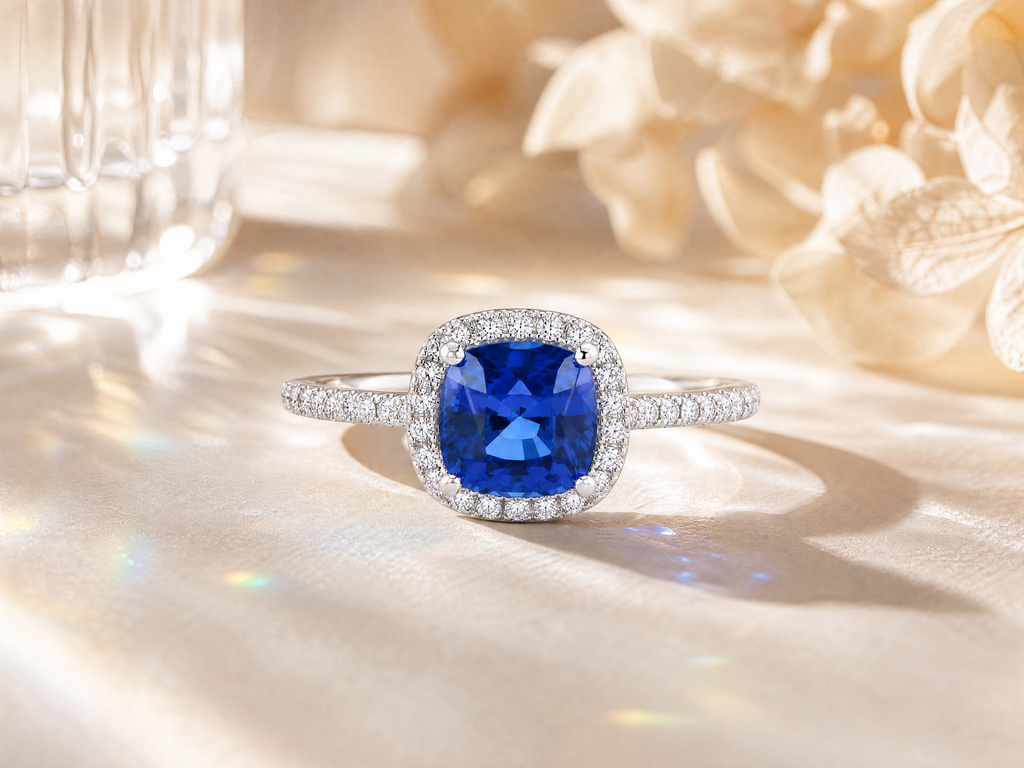 Bague de luxe ornée d'une pierre précieuse taille coussin