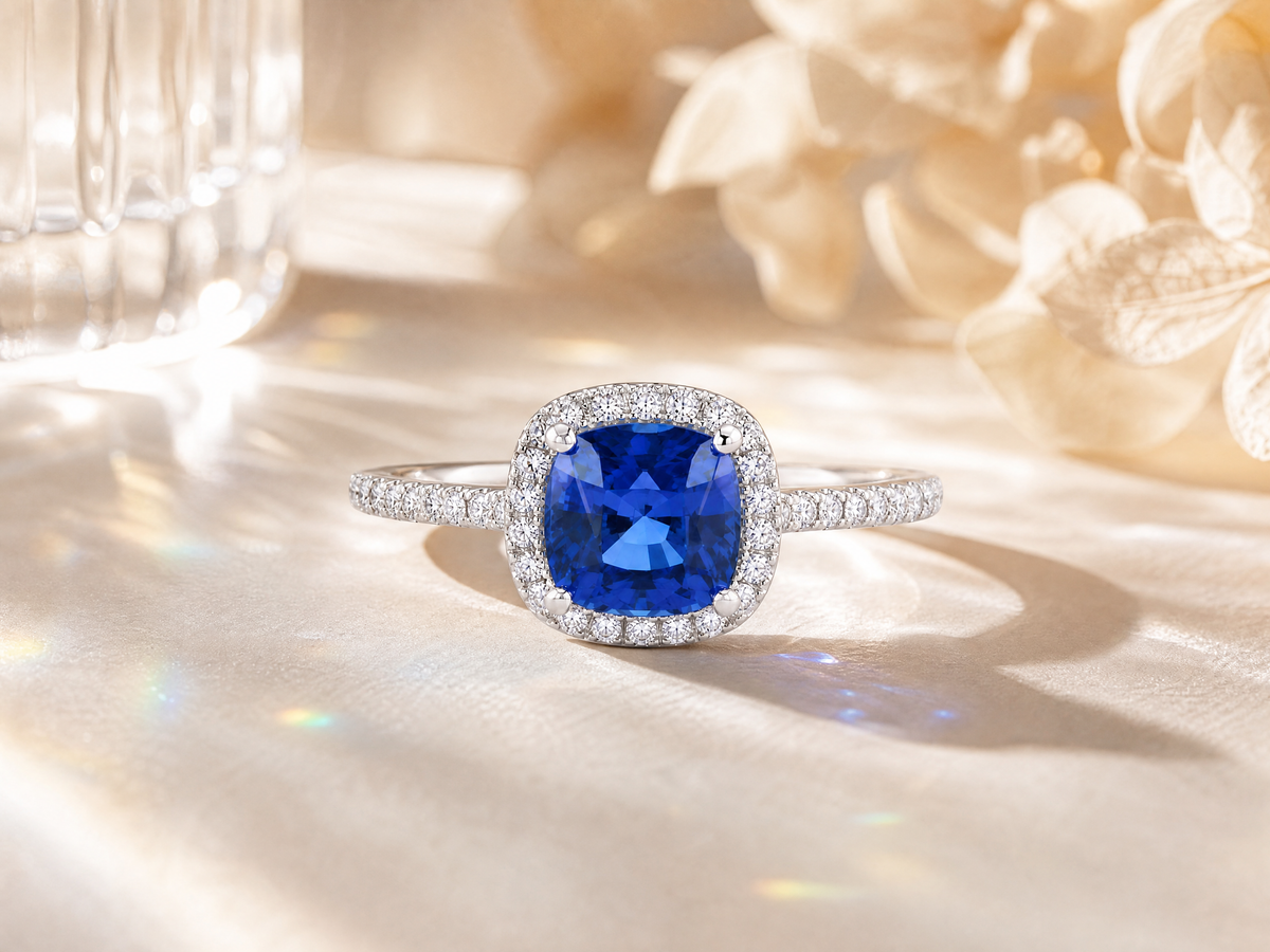 Bague de luxe ornée d'une pierre précieuse taille coussin