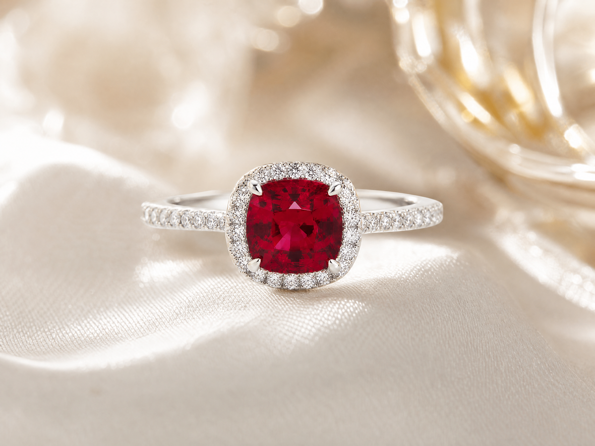 Bague de luxe ornée d'une pierre précieuse taille coussin