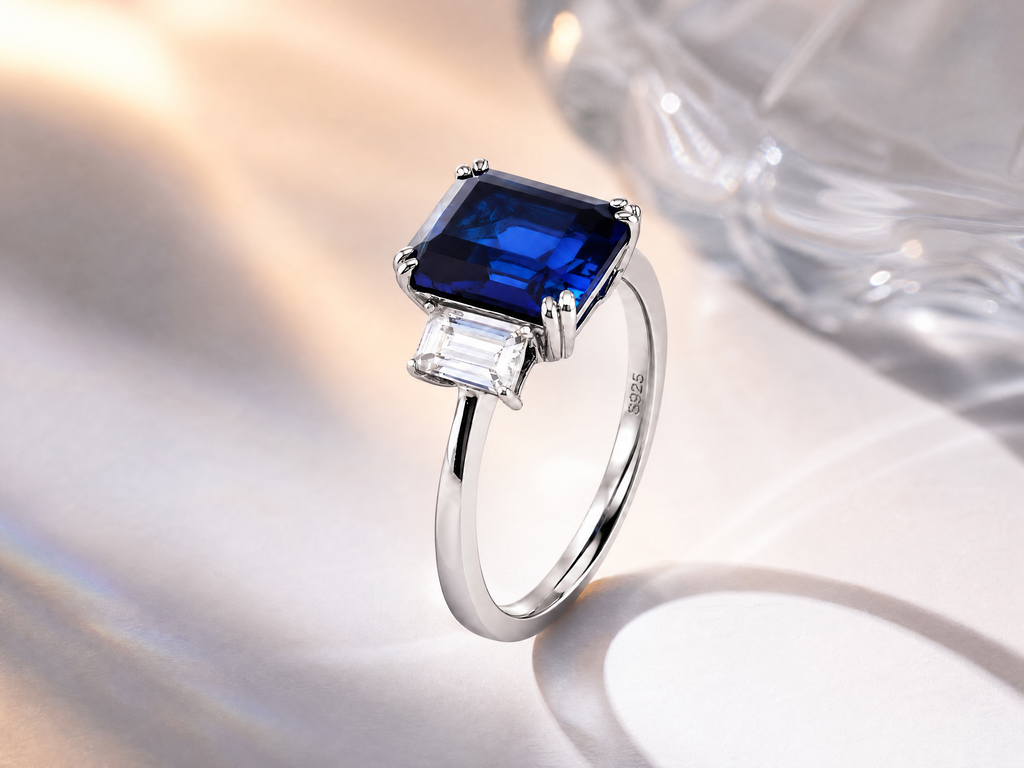 Bague trois pierres avec pierre taille émeraude