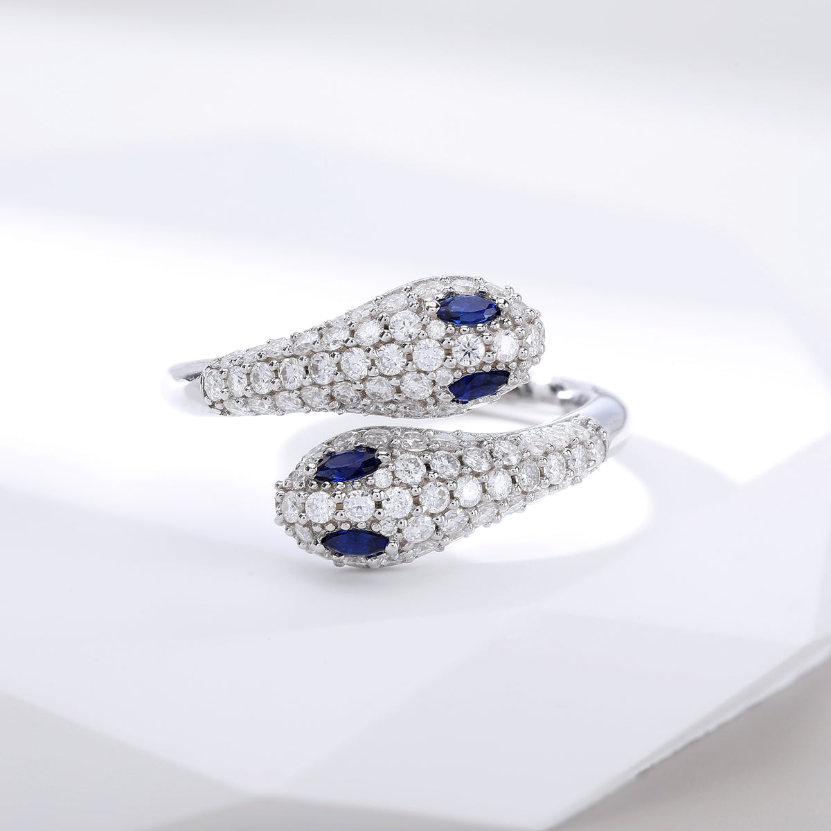 Pavé‑Set Twin‑Head Snake Open Ring