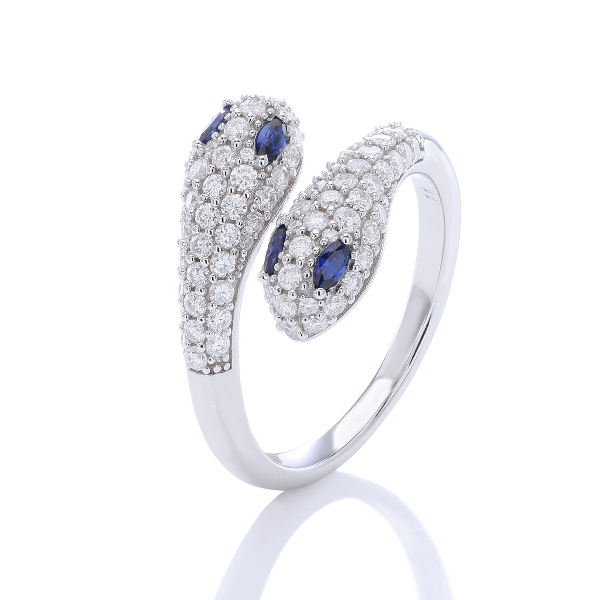 Pavé‑Set Twin‑Head Snake Open Ring