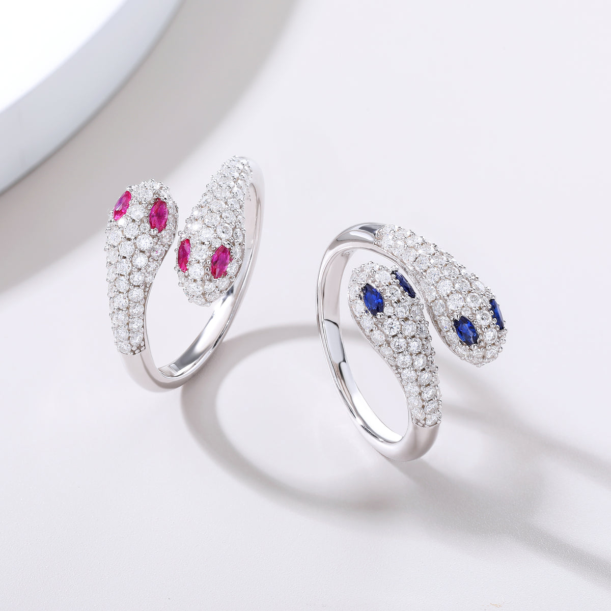 Pavé‑Set Twin‑Head Snake Open Ring