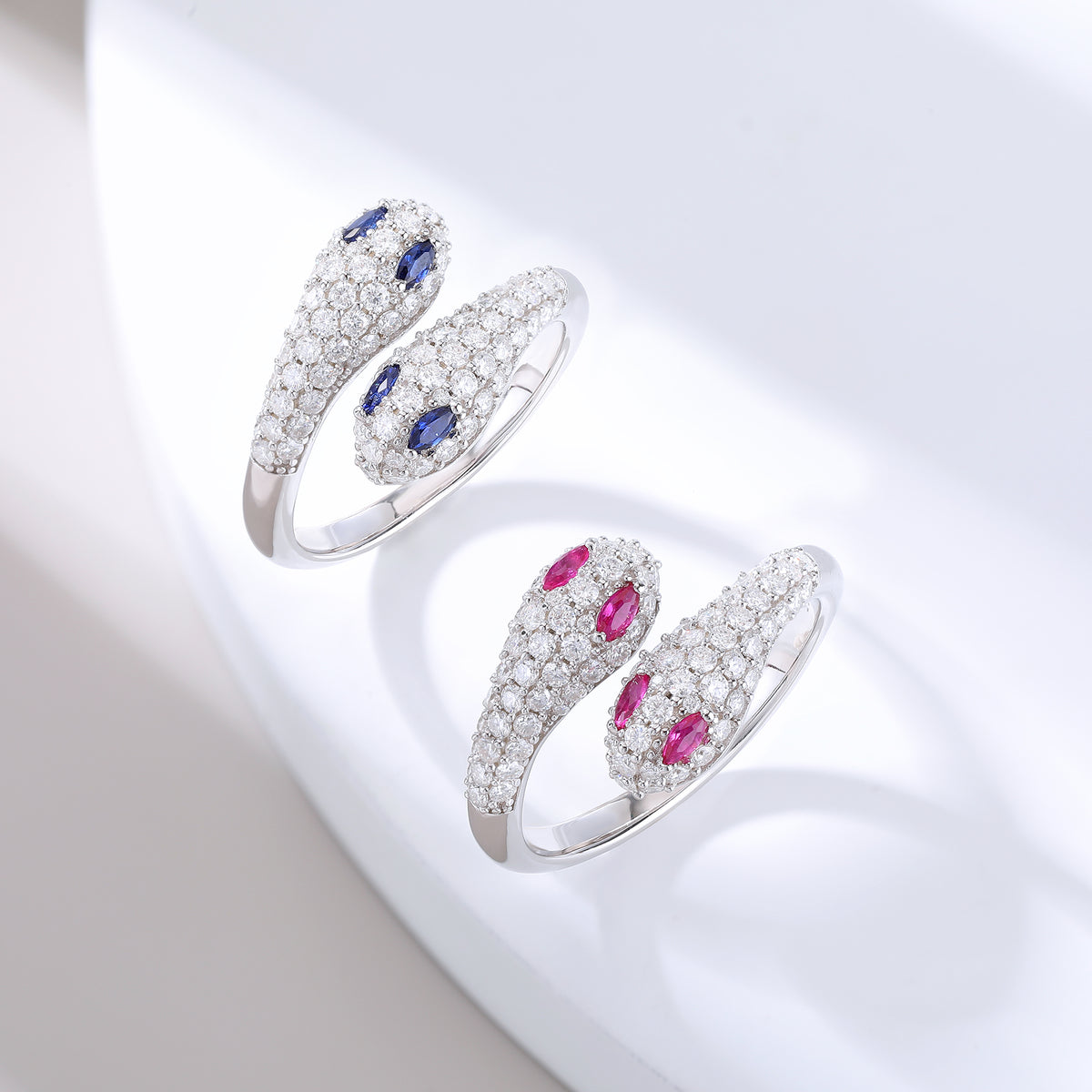Pavé‑Set Twin‑Head Snake Open Ring