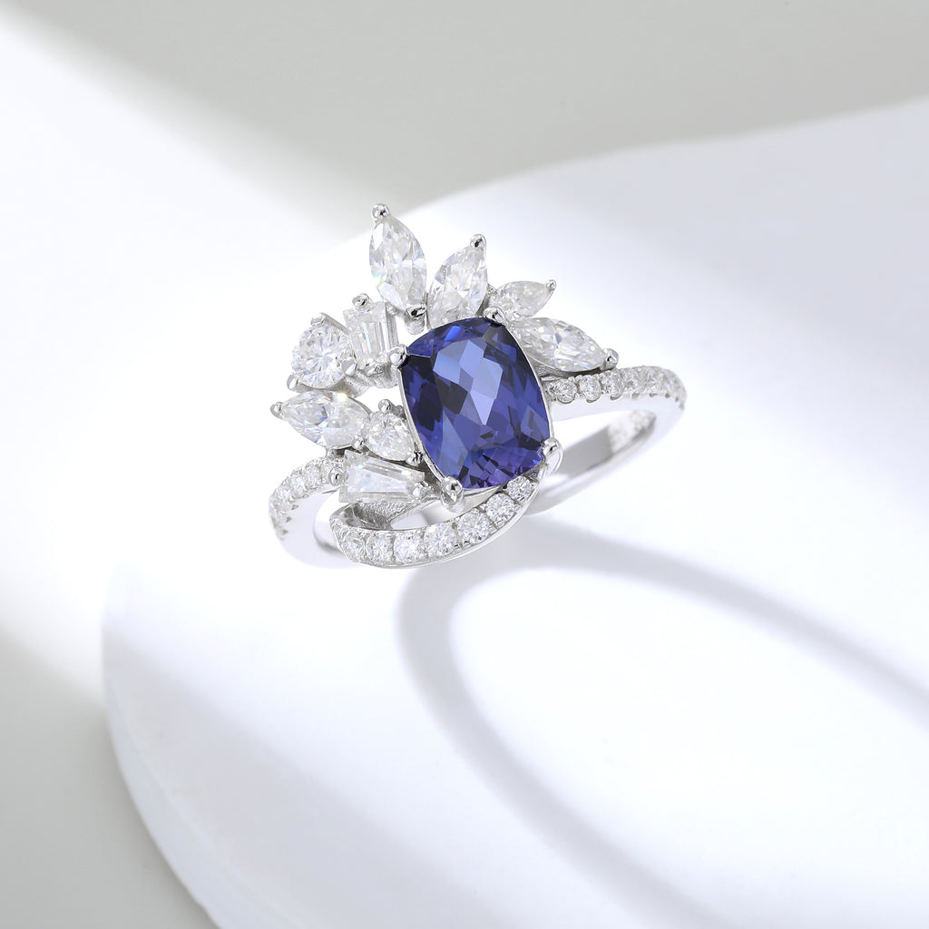 Cushion‑Cut Floral Halo Gemstone Statement Ring