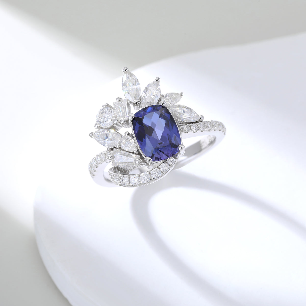 Cushion‑Cut Floral Halo Gemstone Statement Ring