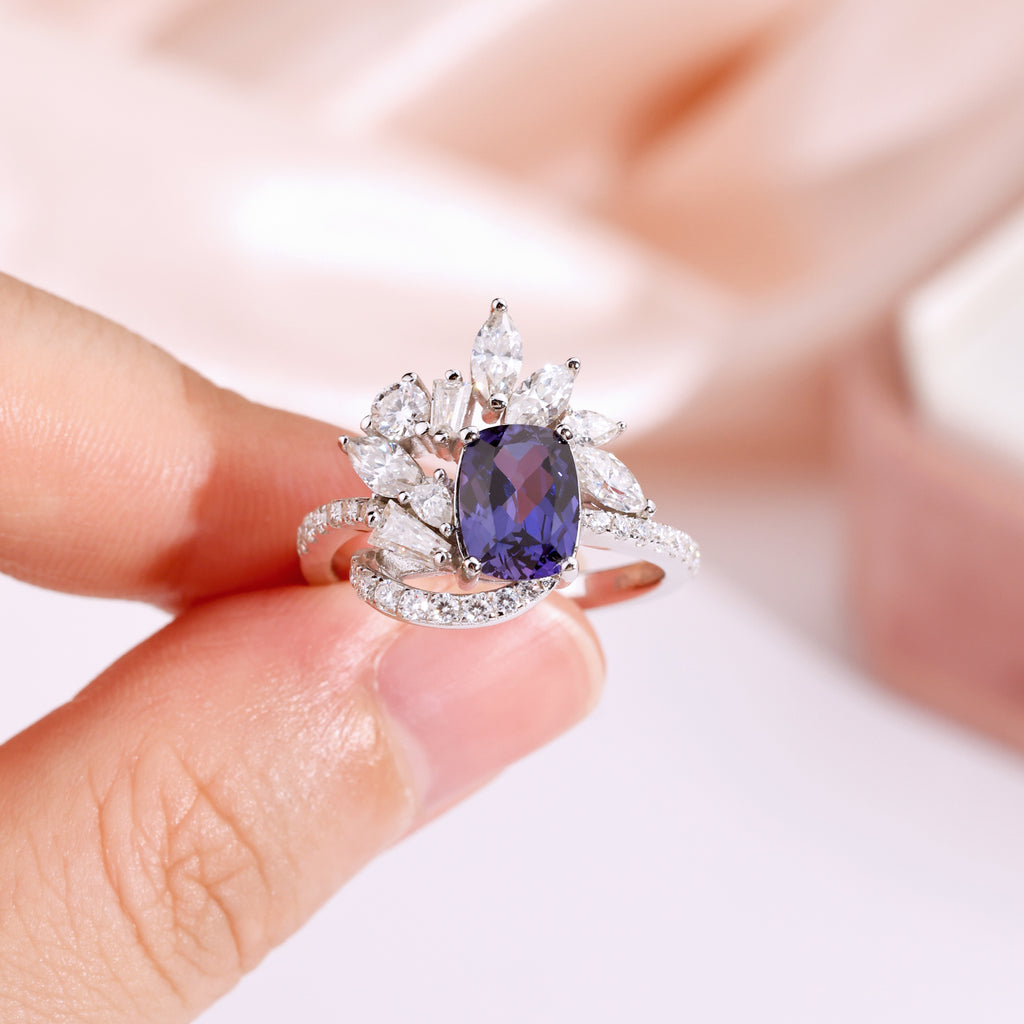 Cushion‑Cut Floral Halo Gemstone Statement Ring