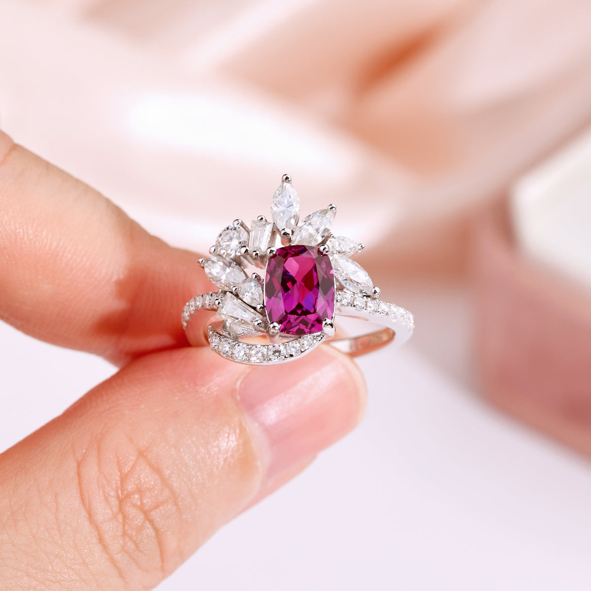 Cushion‑Cut Floral Halo Gemstone Statement Ring