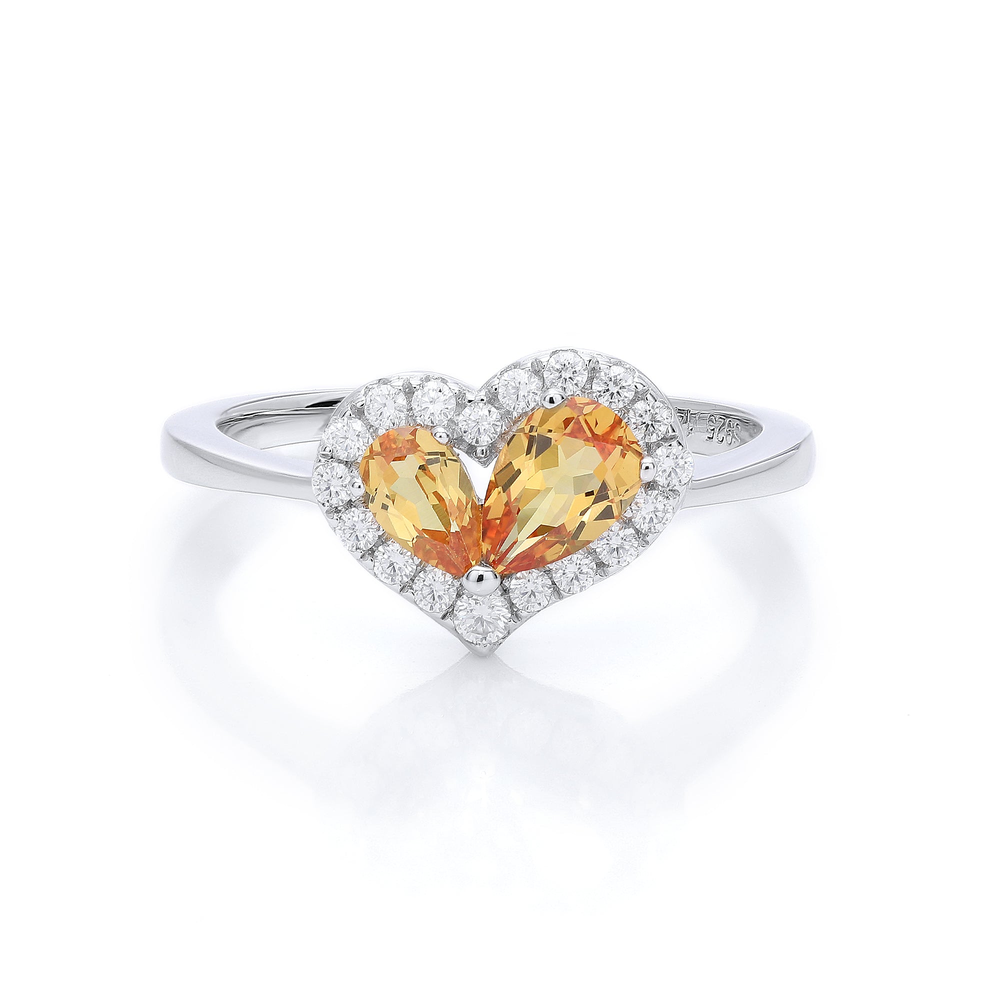 Heart Shape Dual Gemstone Halo Ring, Red / Yellow / Purple Center Stones, 18K White Gold / 925 Sterling Silver Bespoke Fine Jewelry