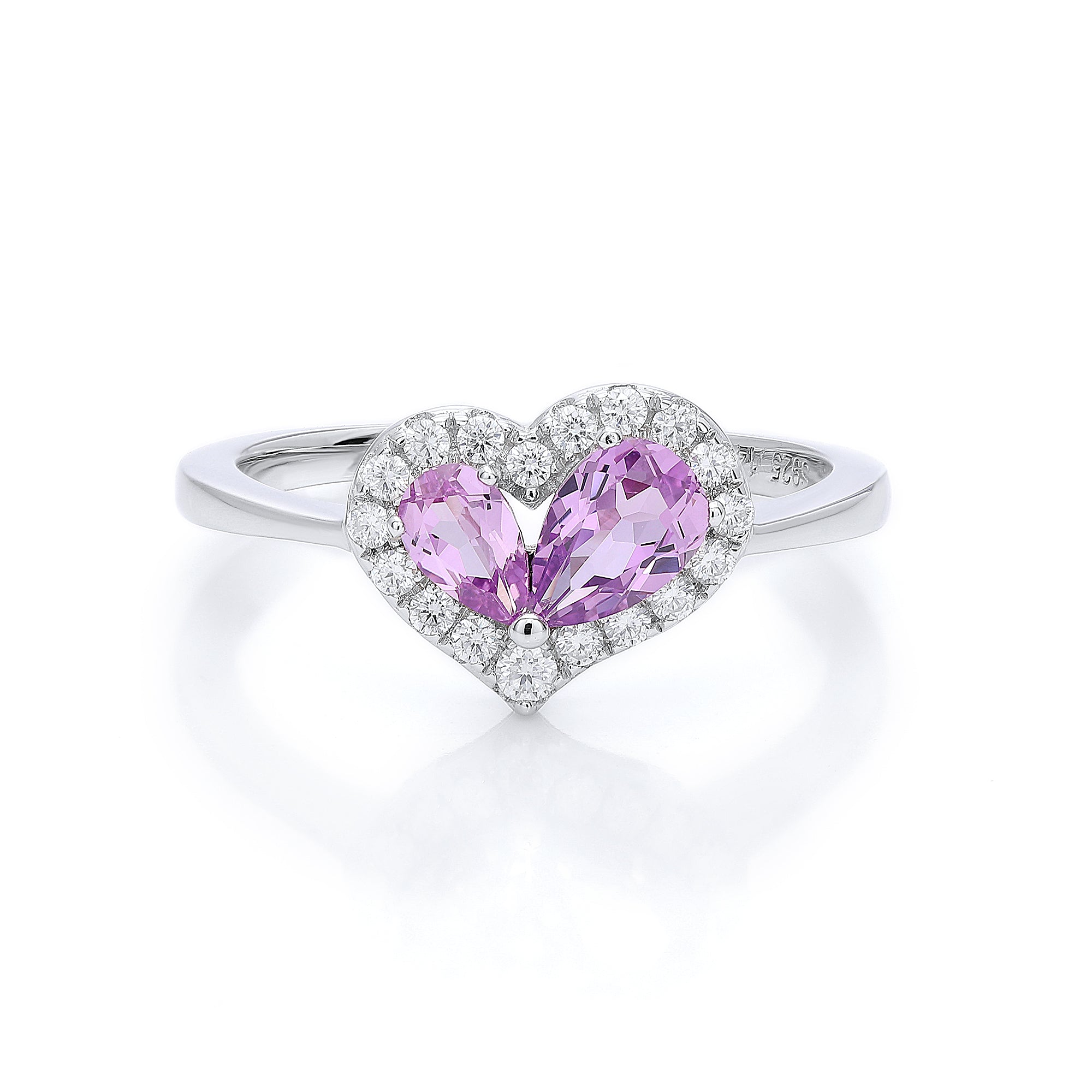 Heart Shape Dual Gemstone Halo Ring, Red / Yellow / Purple Center Stones, 18K White Gold / 925 Sterling Silver Bespoke Fine Jewelry