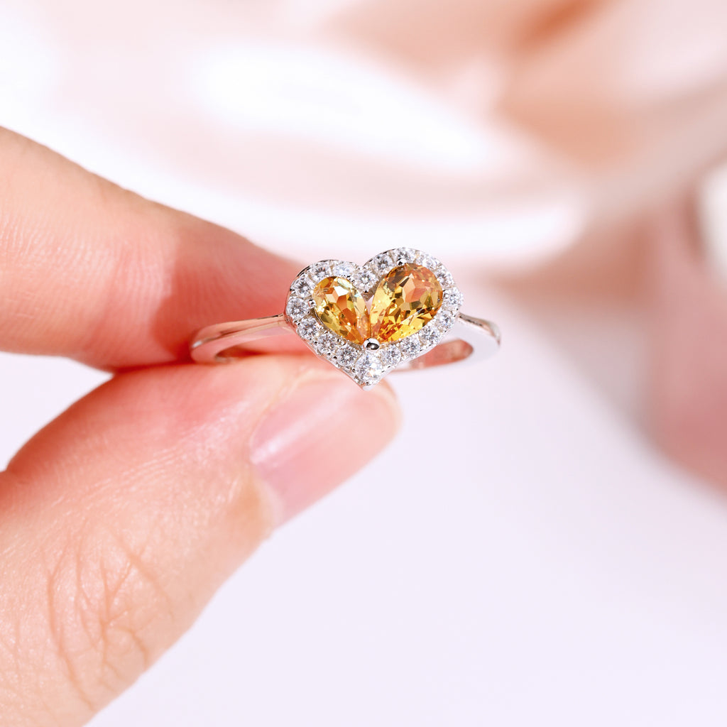 Heart Shape Dual Gemstone Halo Ring, Red / Yellow / Purple Center Stones, 18K White Gold / 925 Sterling Silver Bespoke Fine Jewelry
