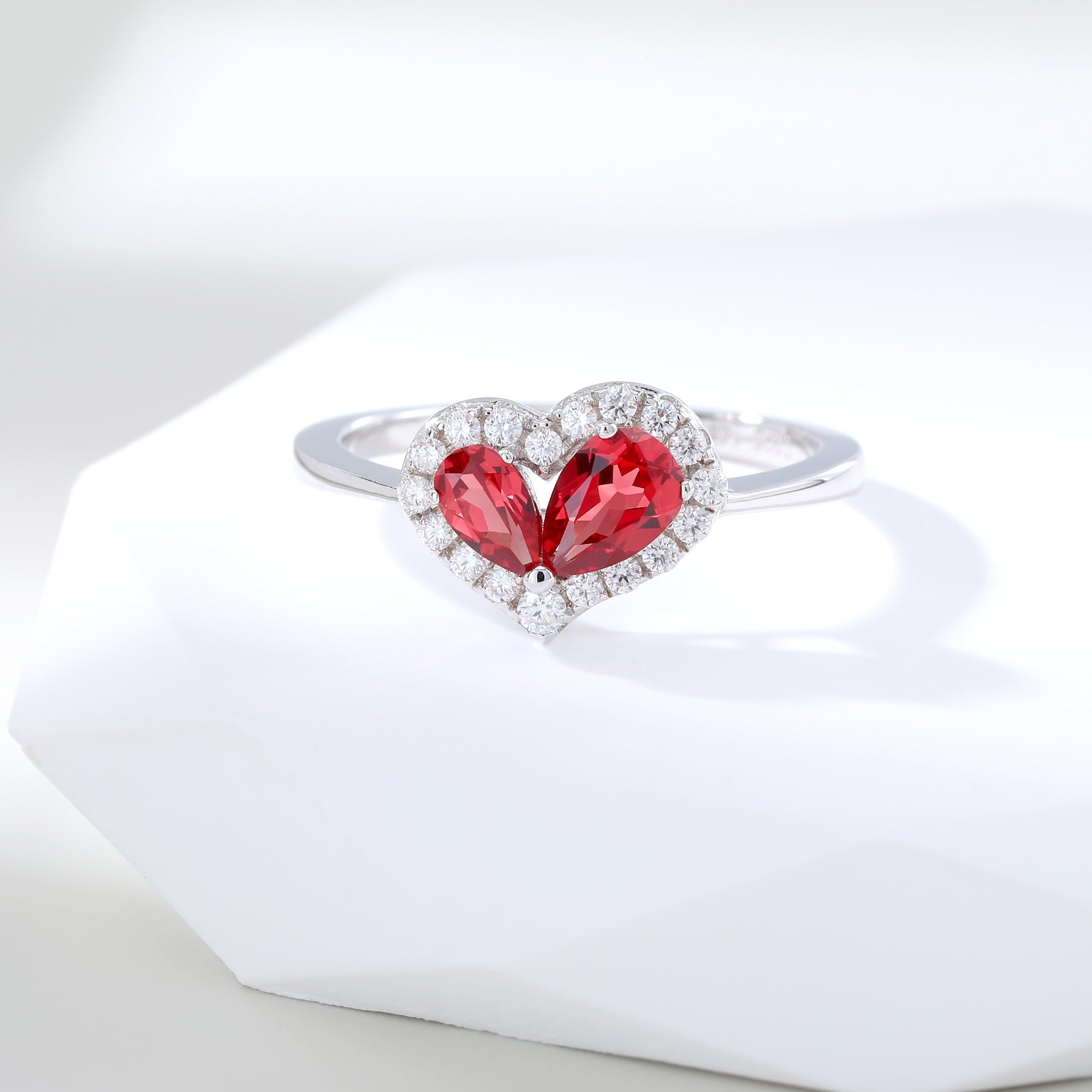 Heart Shape Dual Gemstone Halo Ring, Red / Yellow / Purple Center Stones, 18K White Gold / 925 Sterling Silver Bespoke Fine Jewelry