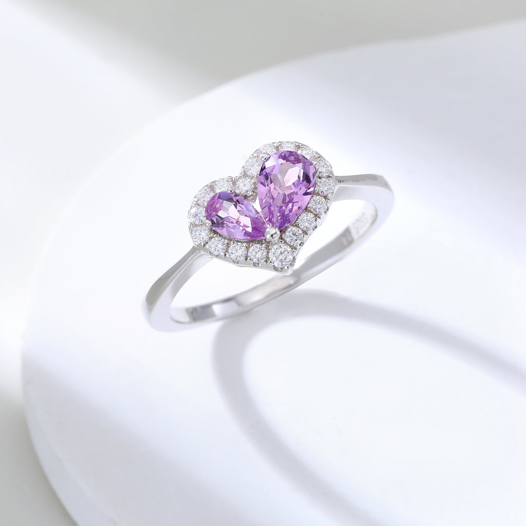 Heart Shape Dual Gemstone Halo Ring, Red / Yellow / Purple Center Stones, 18K White Gold / 925 Sterling Silver Bespoke Fine Jewelry