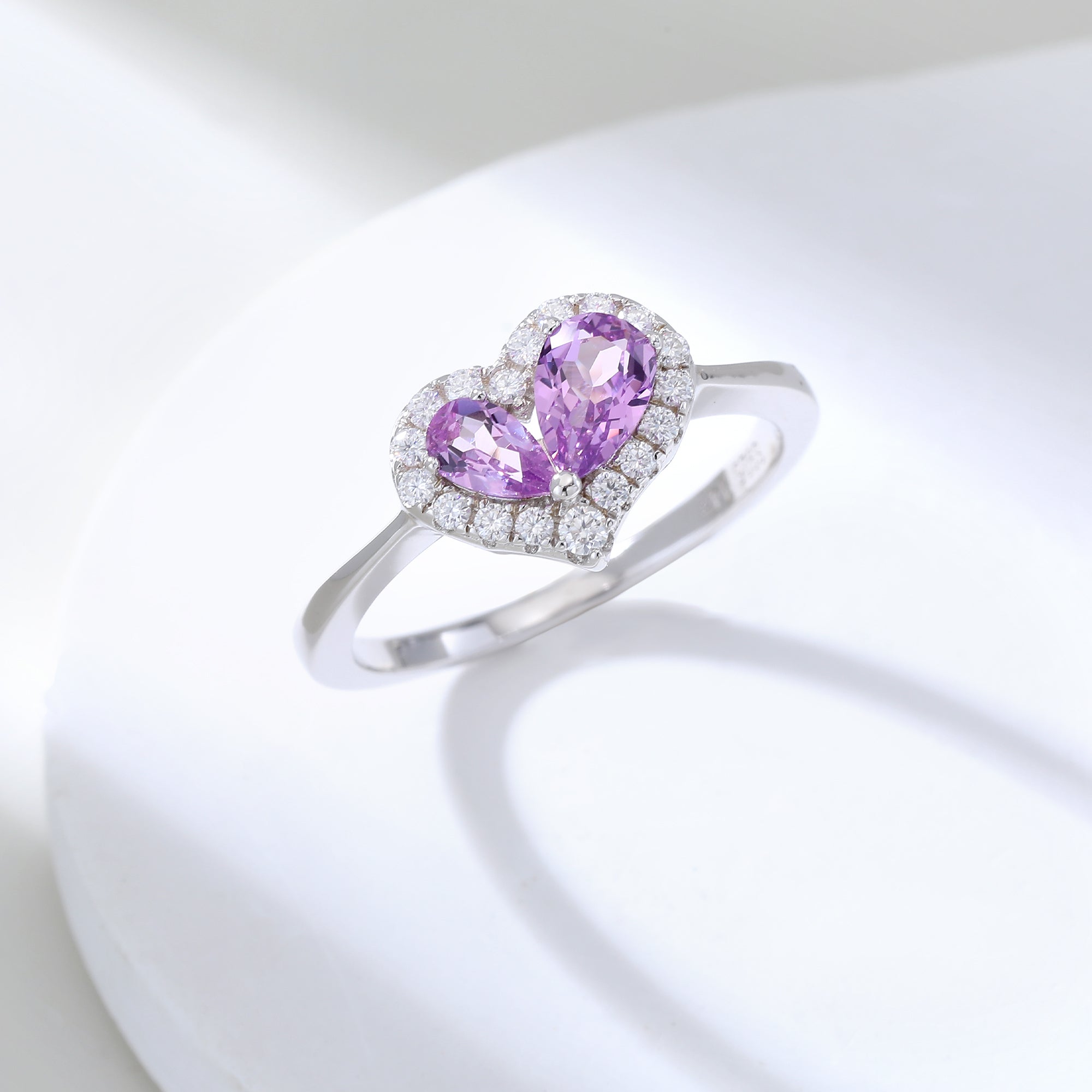 Heart Shape Dual Gemstone Halo Ring, Red / Yellow / Purple Center Stones, 18K White Gold / 925 Sterling Silver Bespoke Fine Jewelry