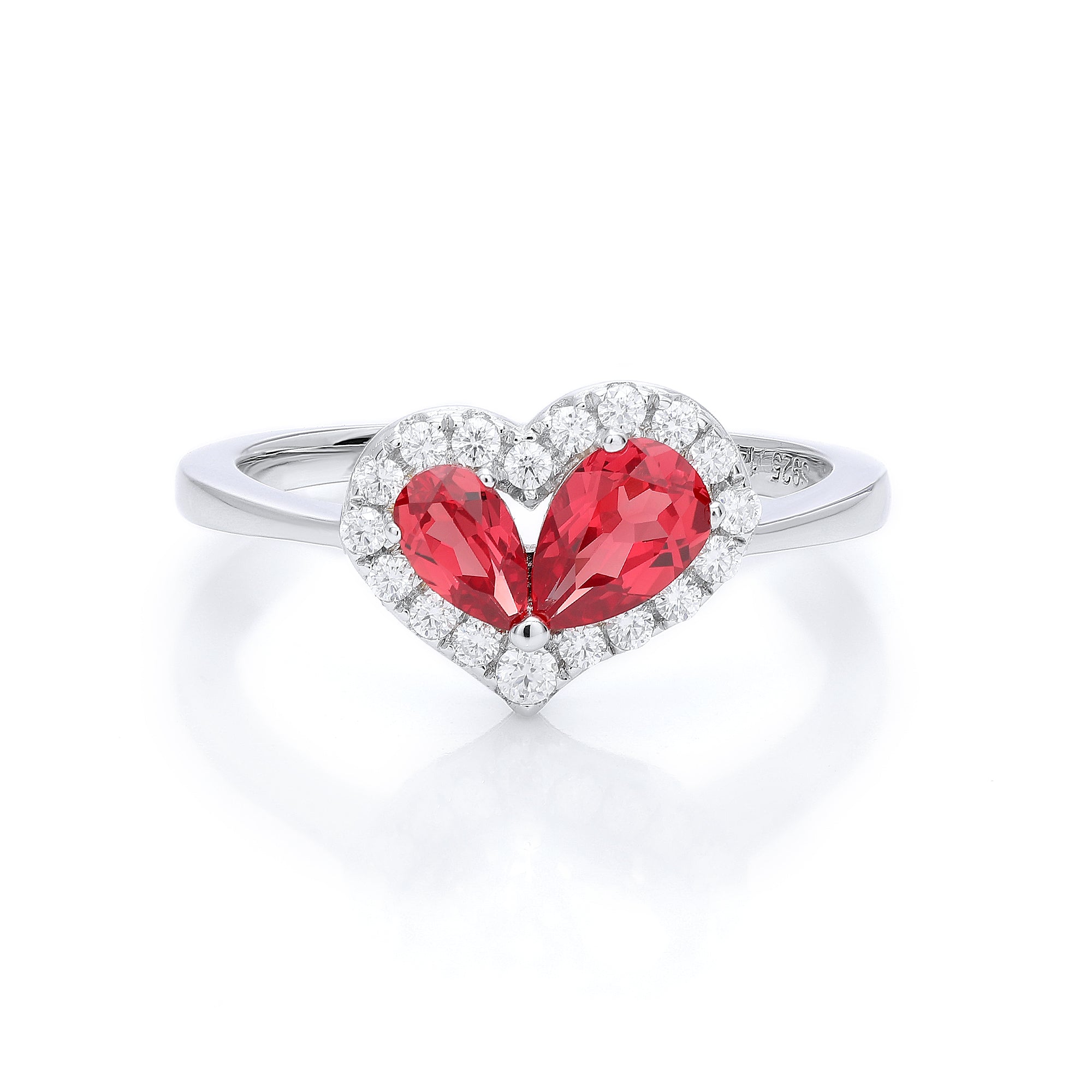Heart Shape Dual Gemstone Halo Ring, Red / Yellow / Purple Center Stones, 18K White Gold / 925 Sterling Silver Bespoke Fine Jewelry
