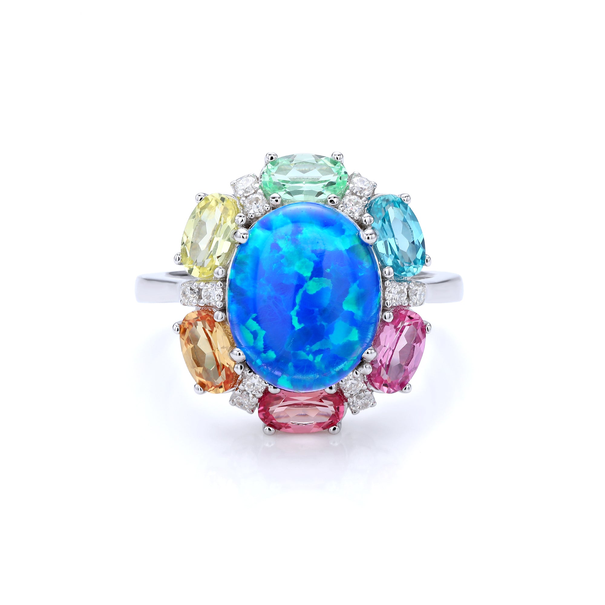 Oval Black Opal Multi‑Colored Gemstone Halo Ring, Pave Shank, 18K White Gold / 925 Sterling Silver Bespoke Fine Jewelry