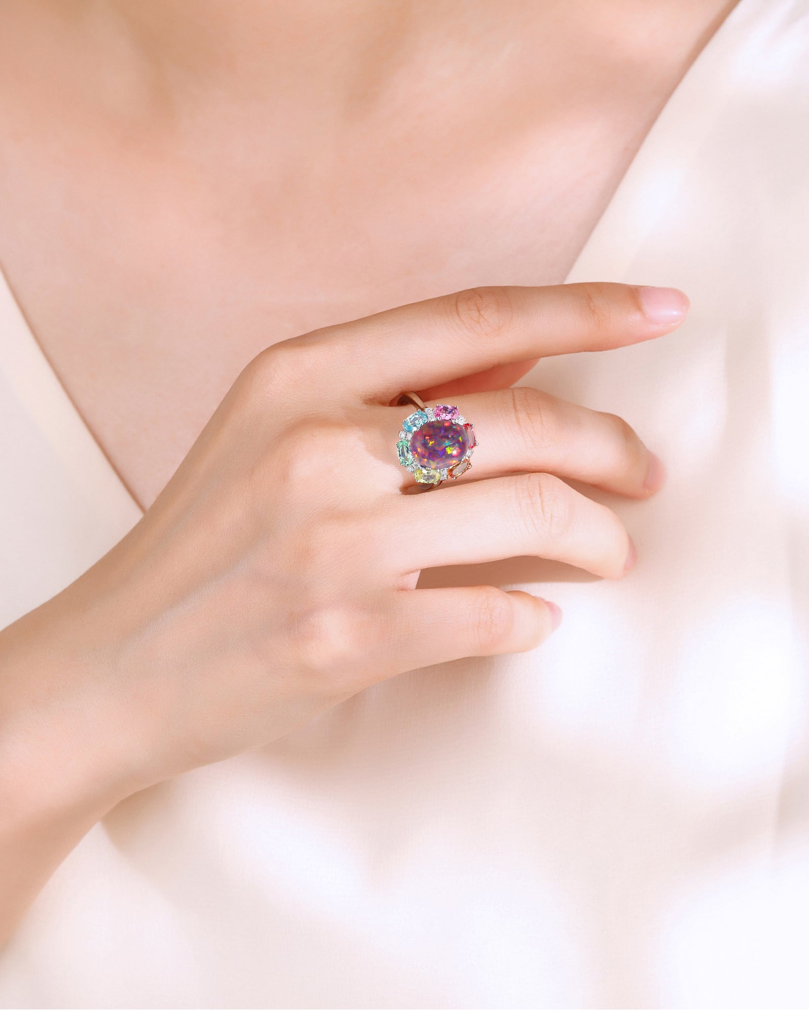 Oval Black Opal Multi‑Colored Gemstone Halo Ring, Pave Shank, 18K White Gold / 925 Sterling Silver Bespoke Fine Jewelry