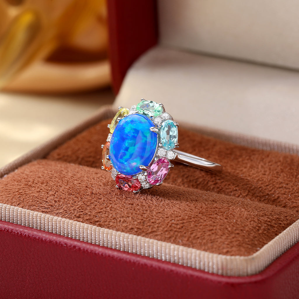 Oval Black Opal Multi‑Colored Gemstone Halo Ring, Pave Shank, 18K White Gold / 925 Sterling Silver Bespoke Fine Jewelry