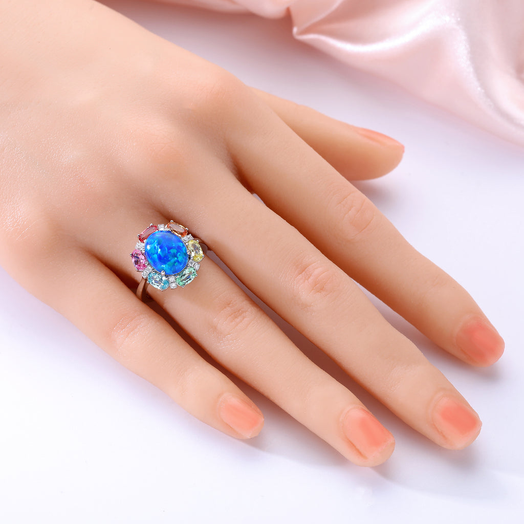 Oval Black Opal Multi‑Colored Gemstone Halo Ring, Pave Shank, 18K White Gold / 925 Sterling Silver Bespoke Fine Jewelry