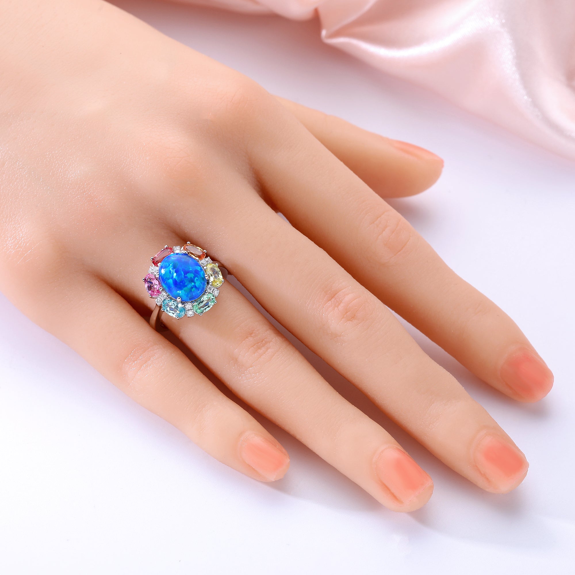 Oval Black Opal Multi‑Colored Gemstone Halo Ring, Pave Shank, 18K White Gold / 925 Sterling Silver Bespoke Fine Jewelry