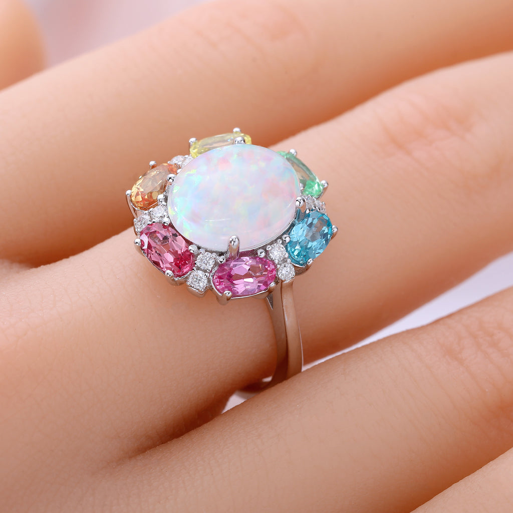 Oval Black Opal Multi‑Colored Gemstone Halo Ring, Pave Shank, 18K White Gold / 925 Sterling Silver Bespoke Fine Jewelry