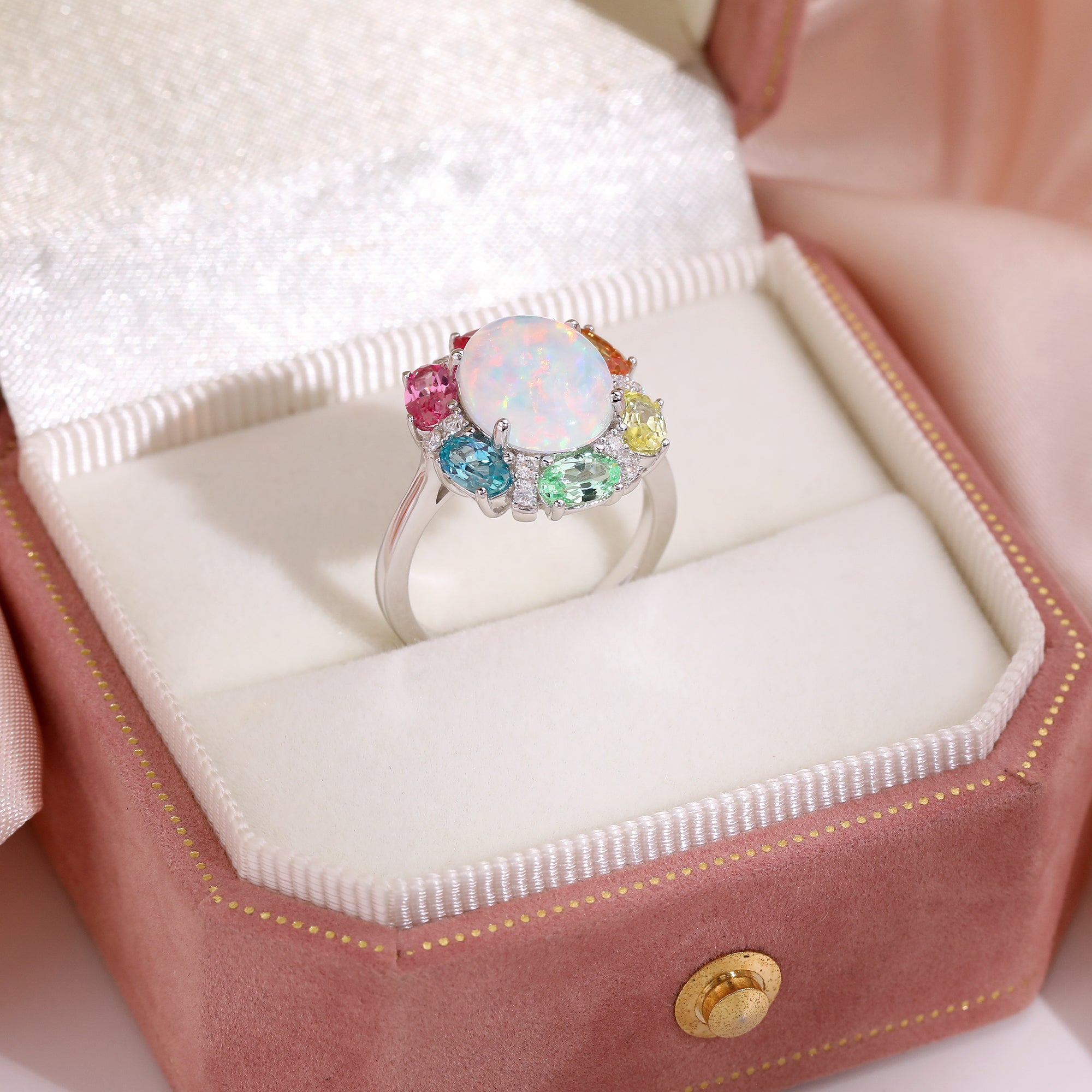 Oval Black Opal Multi‑Colored Gemstone Halo Ring, Pave Shank, 18K White Gold / 925 Sterling Silver Bespoke Fine Jewelry