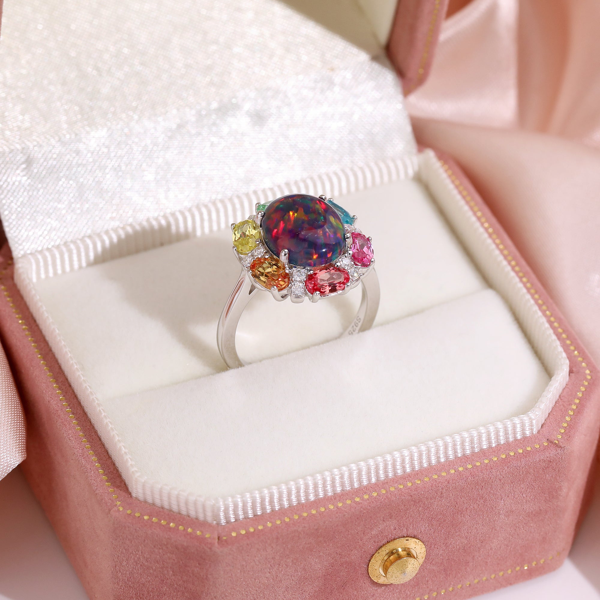 Oval Black Opal Multi‑Colored Gemstone Halo Ring, Pave Shank, 18K White Gold / 925 Sterling Silver Bespoke Fine Jewelry