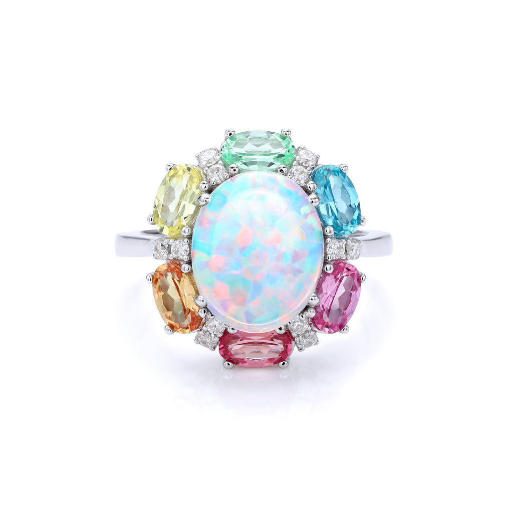 Oval Black Opal Multi‑Colored Gemstone Halo Ring, Pave Shank, 18K White Gold / 925 Sterling Silver Bespoke Fine Jewelry