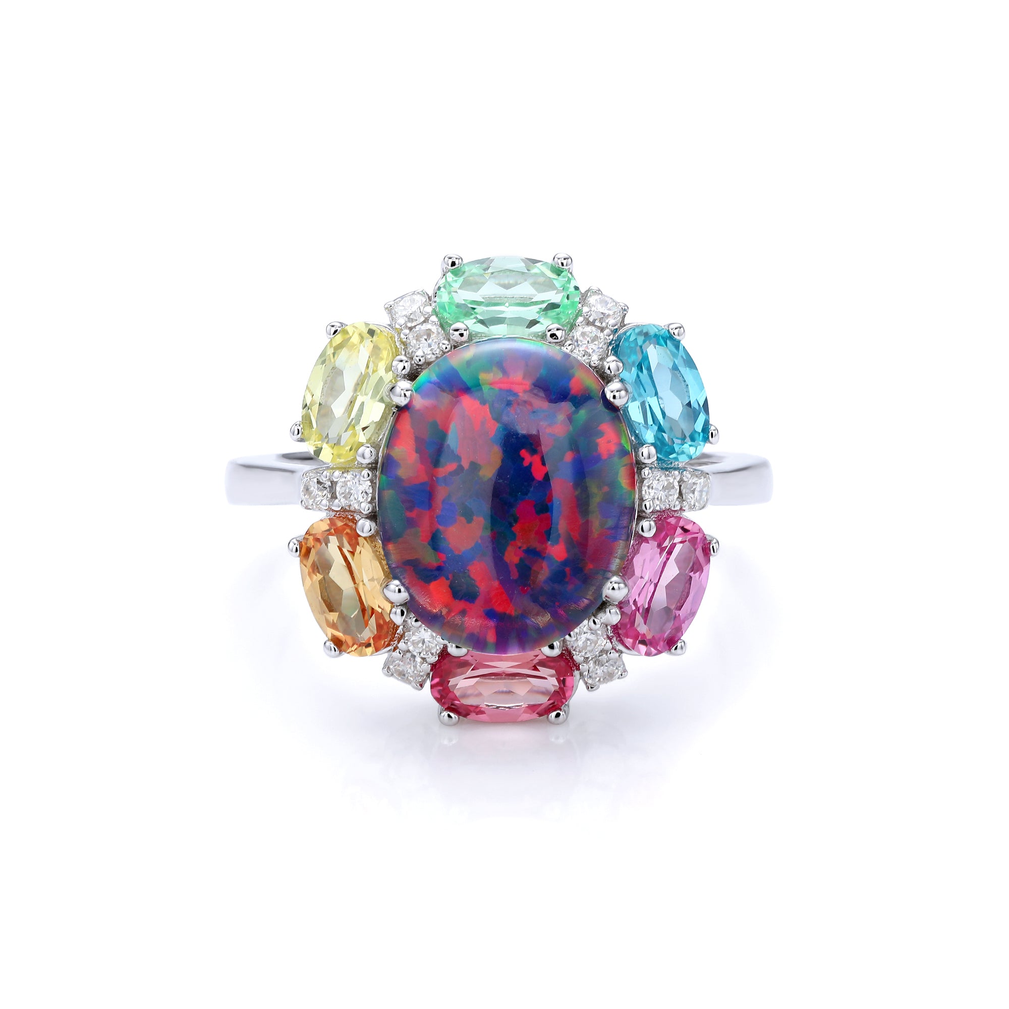 Oval Black Opal Multi‑Colored Gemstone Halo Ring, Pave Shank, 18K White Gold / 925 Sterling Silver Bespoke Fine Jewelry