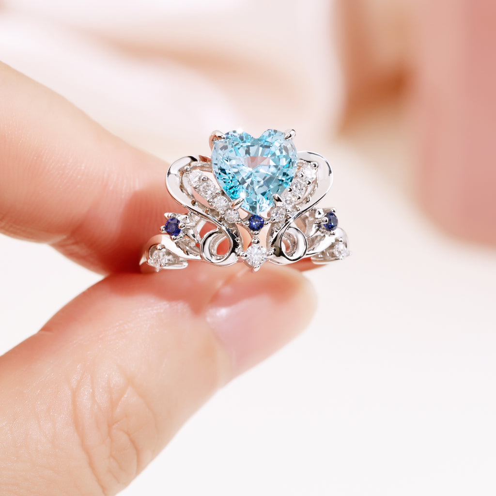 Colored Gemstone Halo Ring, Blue / Red / Light‑Green Center Stone, 18K White Gold / 925 Sterling Silver Bespoke Fine Jewelry