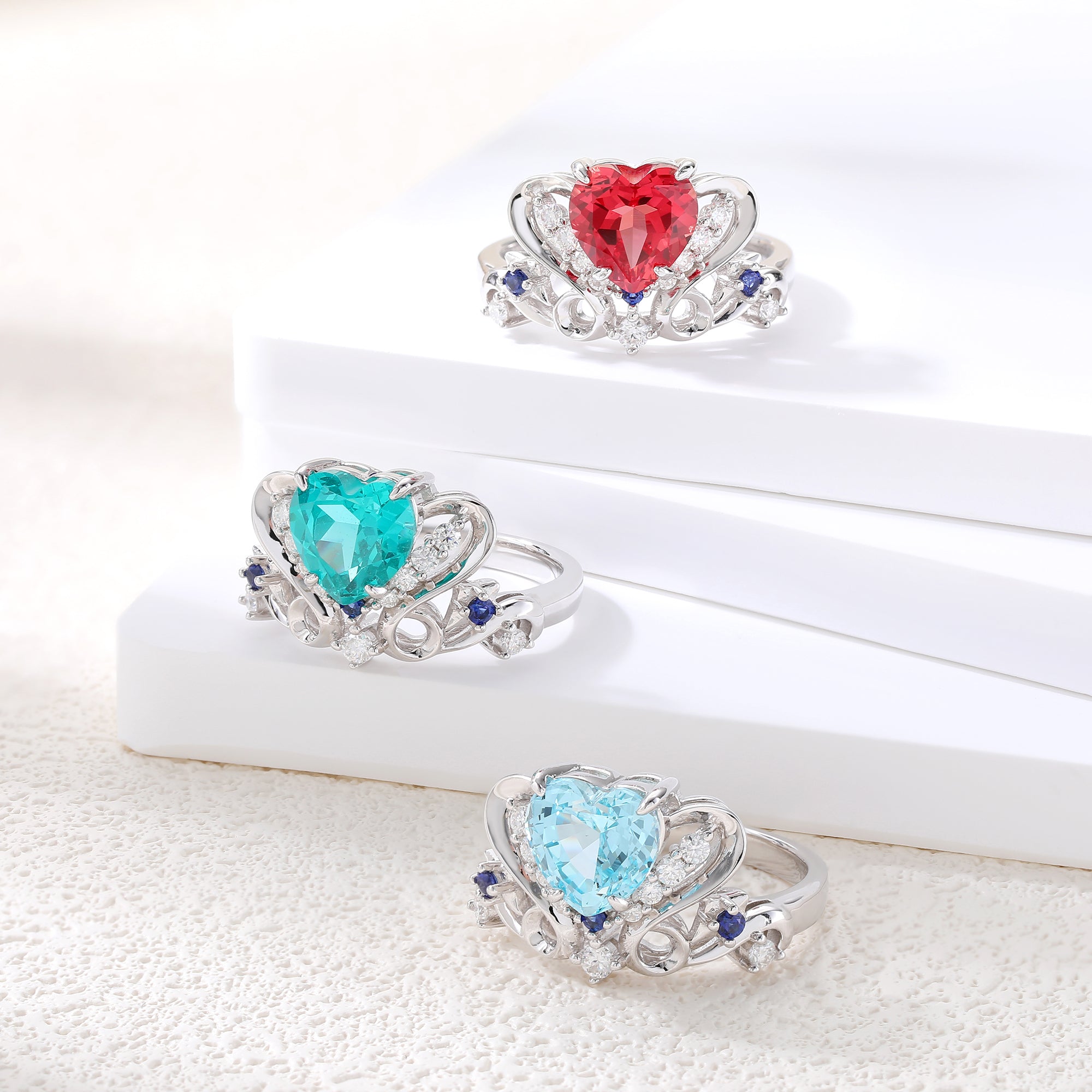 Colored Gemstone Halo Ring, Blue / Red / Light‑Green Center Stone, 18K White Gold / 925 Sterling Silver Bespoke Fine Jewelry