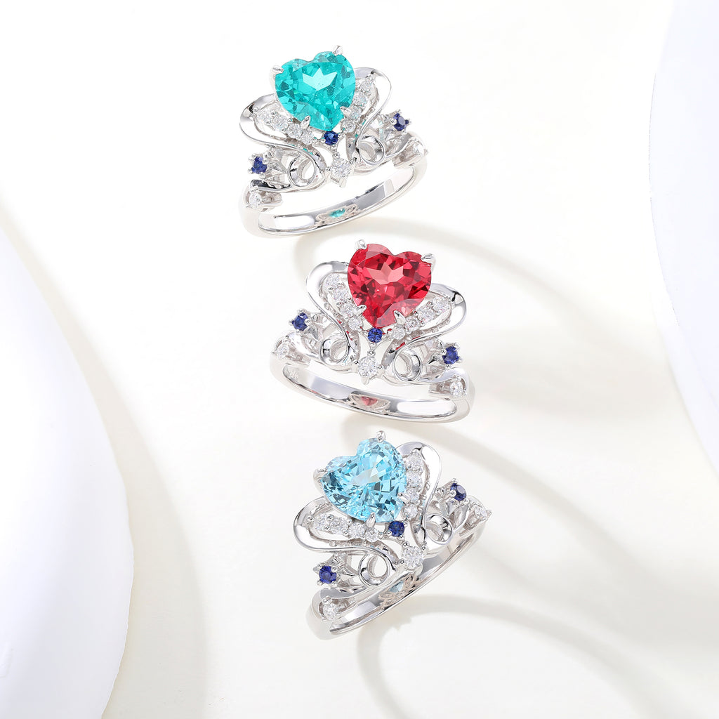 Colored Gemstone Halo Ring, Blue / Red / Light‑Green Center Stone, 18K White Gold / 925 Sterling Silver Bespoke Fine Jewelry