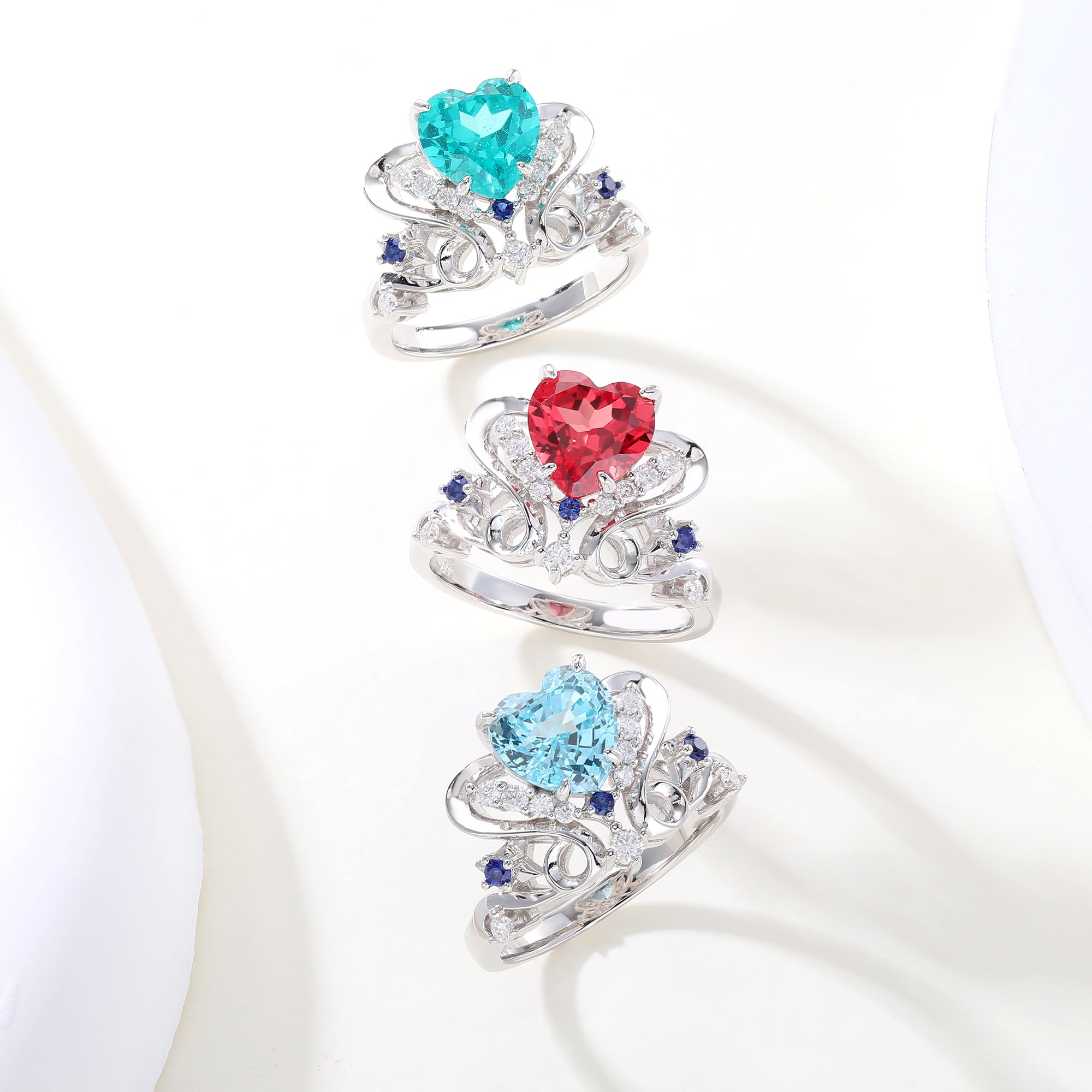 Colored Gemstone Halo Ring, Blue / Red / Light‑Green Center Stone, 18K White Gold / 925 Sterling Silver Bespoke Fine Jewelry